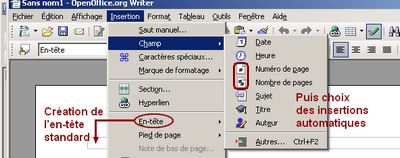 En-tête et pied de page Open Office Writer